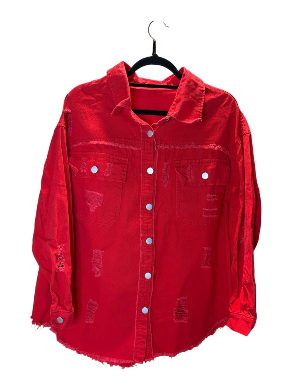 Red Distressed Button-Up Shirt Jacket